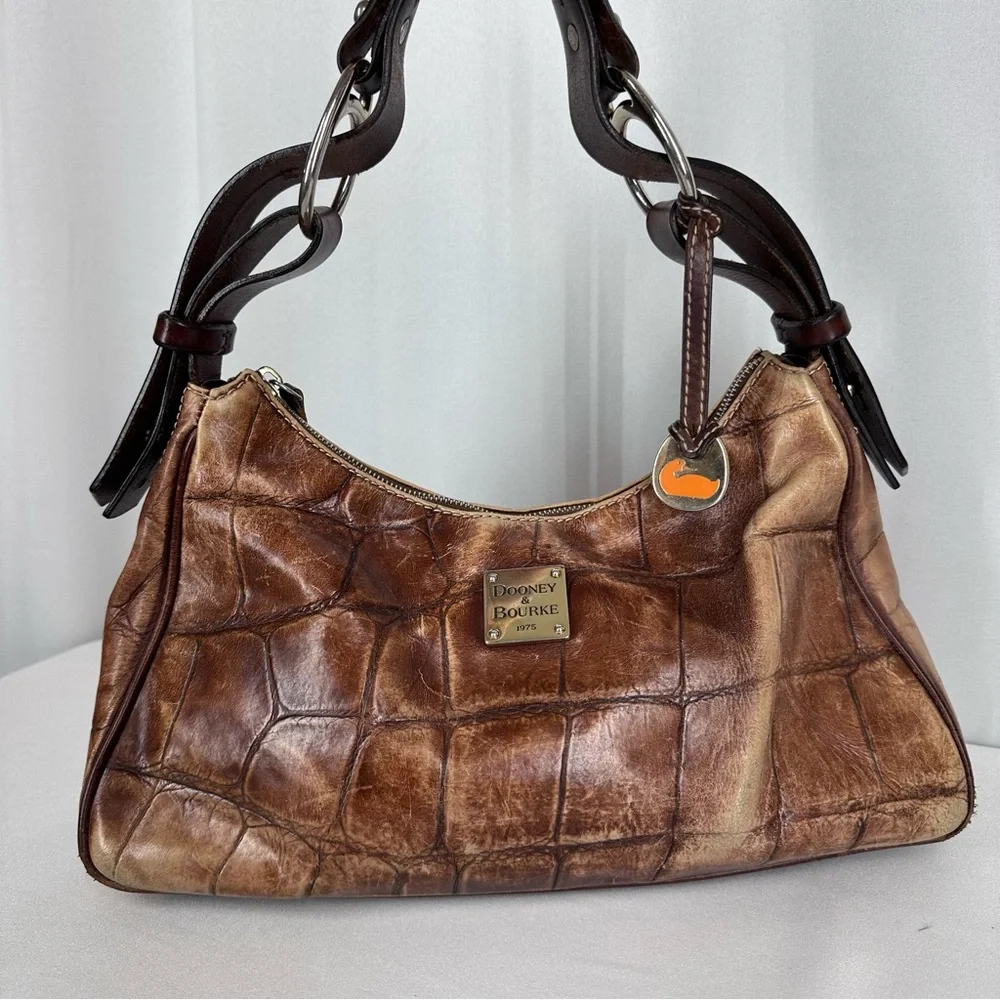 Dooney & Bourke Croc Embossed Leather Shoulder Bag Brown Hobo Purse